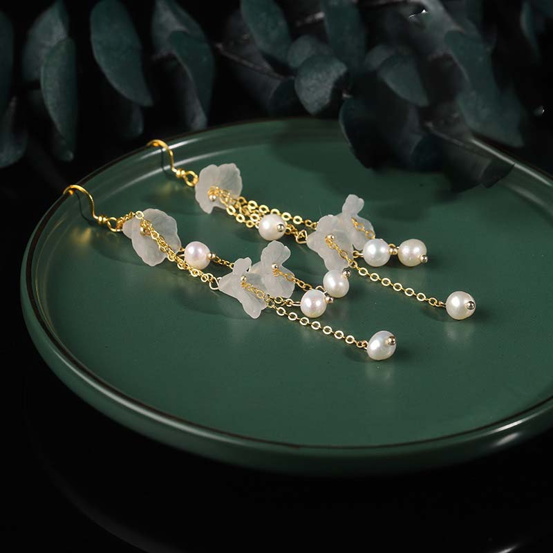 Karma Stone Pearl Flower Petals Luck Drop Earrings