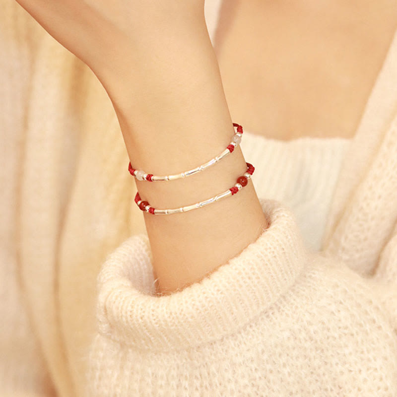 Karma Stone 925 Sterling Silver Bamboo White Agate Red Agate Bead Protection String Braided Bracelet