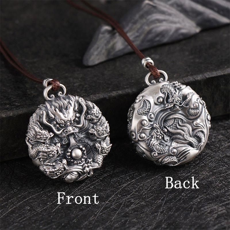 Karma Stone 999 Sterling Silver Nine Dragons Playing With A Pearl Luck Protection Necklace Pendant