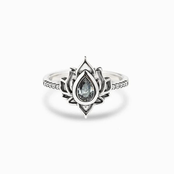 Karma Stone Sterling Silver Lotus Zircon Blessing Protection Ring