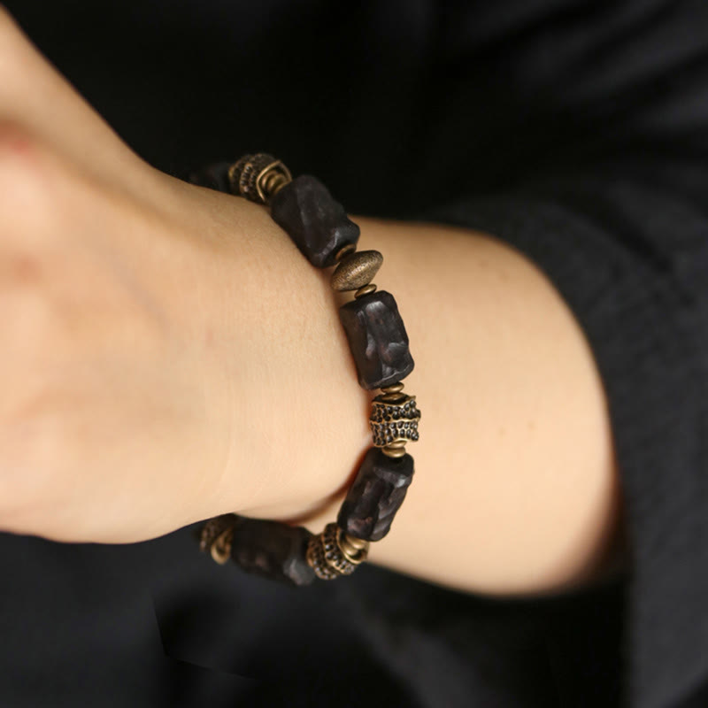 Karma Stone Tibetan Ebony Wood Copper Calm Peace Bracelet