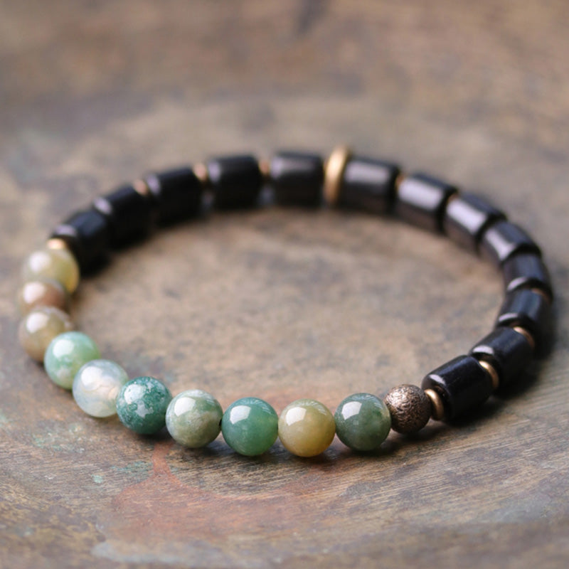 Karma Stone Ebony Wood Red Jasper Moss Agate Crystal Copper Peace Couple Bracelet