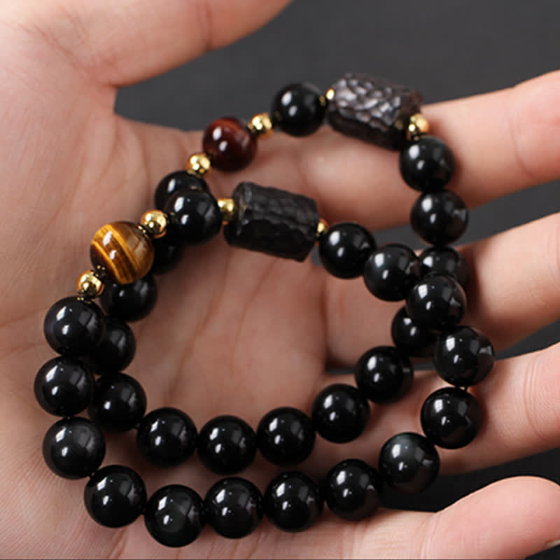 Karma Stone Black Obsidian Ebony Wood Red Tiger Eye Strength Couple Bracelet