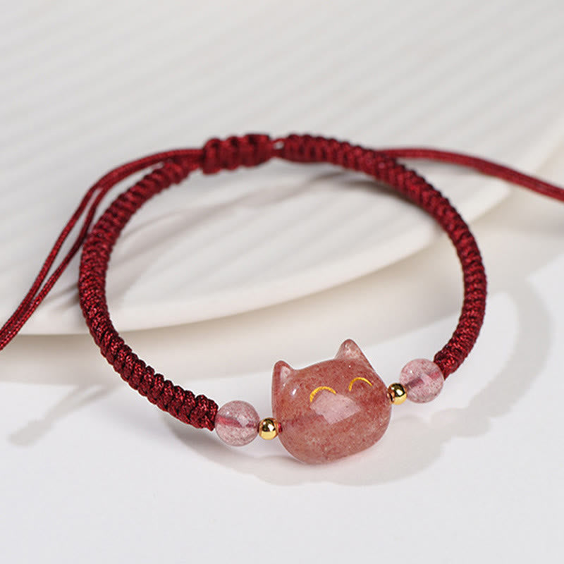 Karma Stone Handmade Natural Silver Sheen Obsidian Strawberry Quartz Cute Cat Protection Braided Bracelet