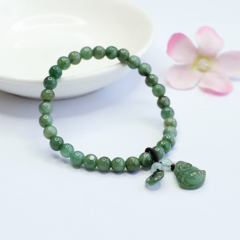 Karma Stone Laughing Buddha Cyan Jade Healing Bracelet