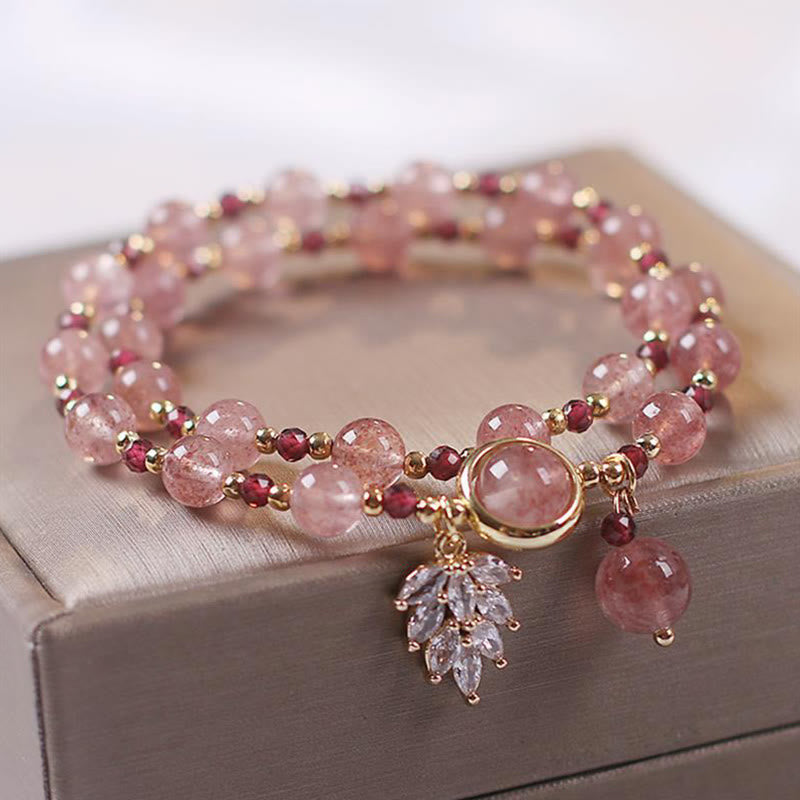 Karma Stone Natural Strawberry Quartz Love Healing Maple Leaf Charm Double Wrap Bracelet
