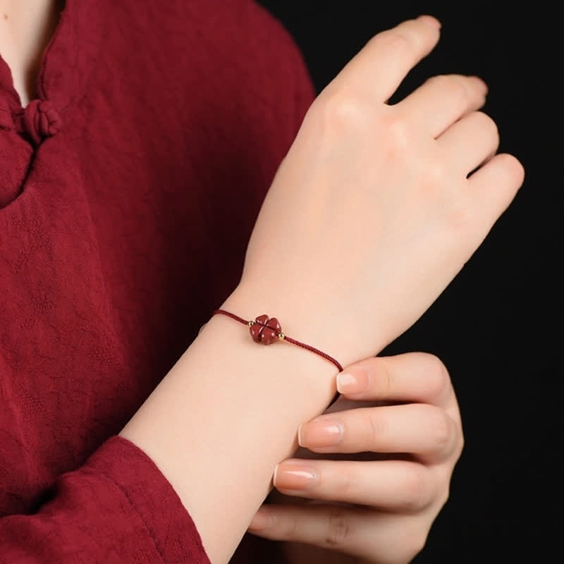 Karma Stone Natural Cinnabar Four Leaf Clover Blessing Red String Bracelet Anklet