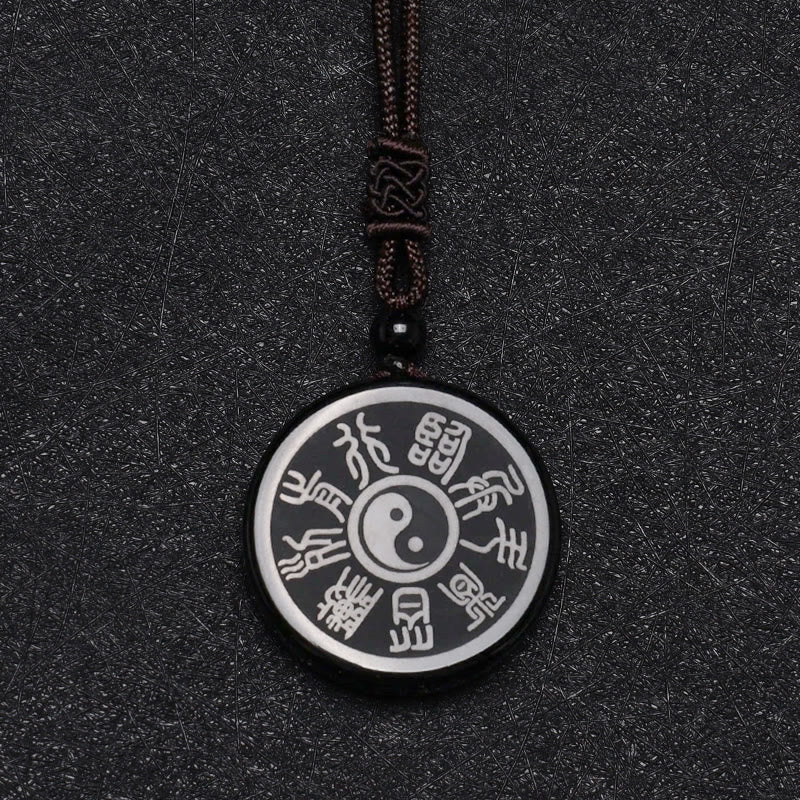 Karma Stone Black Obsidian Taoism Five Sacred Mountains Nine-Character Mantra Carved Purification Yin Yang Necklace Pendant