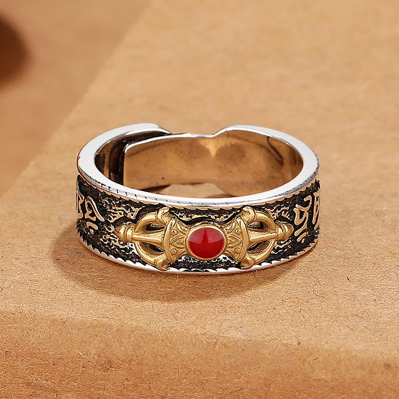 Karma Stone Tibetan Om Mani Padme Hum Red Agate Dorje Vajra Design Wisdom Ring