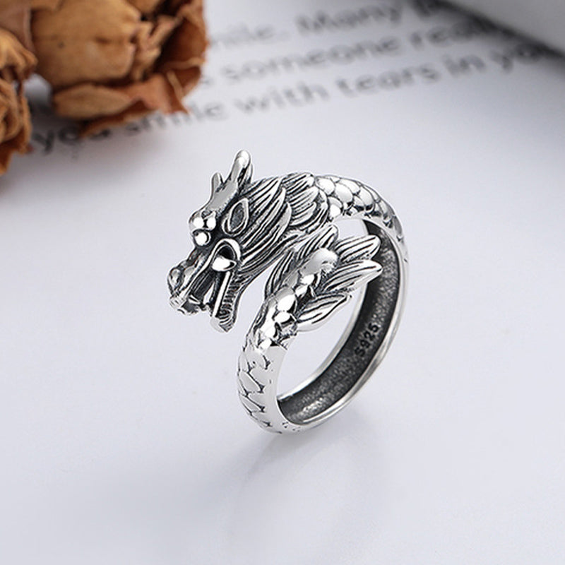 Karma Stone 925 Sterling Silver Year Of The Dragon Luck Strength Adjustable Metal Ring