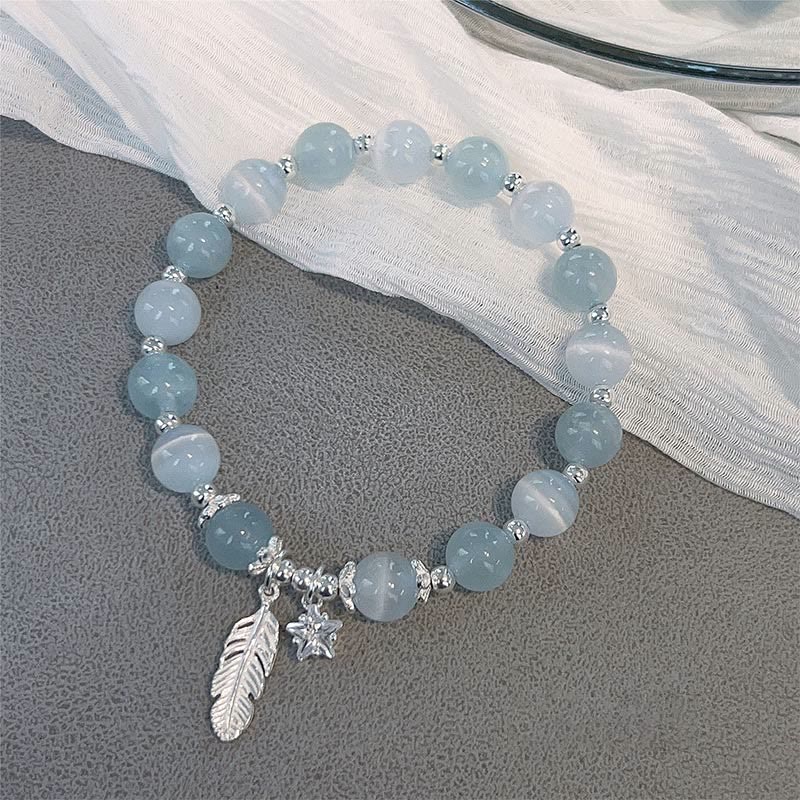 Karma Stone 925 Sterling Silver Aquamarine Cat's Eye Healing Feather Star Charm Bracelet