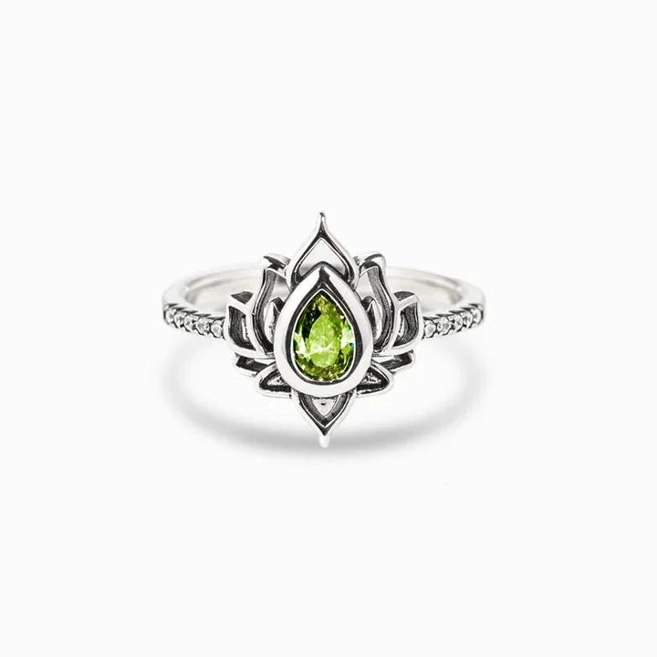Karma Stone Sterling Silver Lotus Zircon Blessing Protection Ring