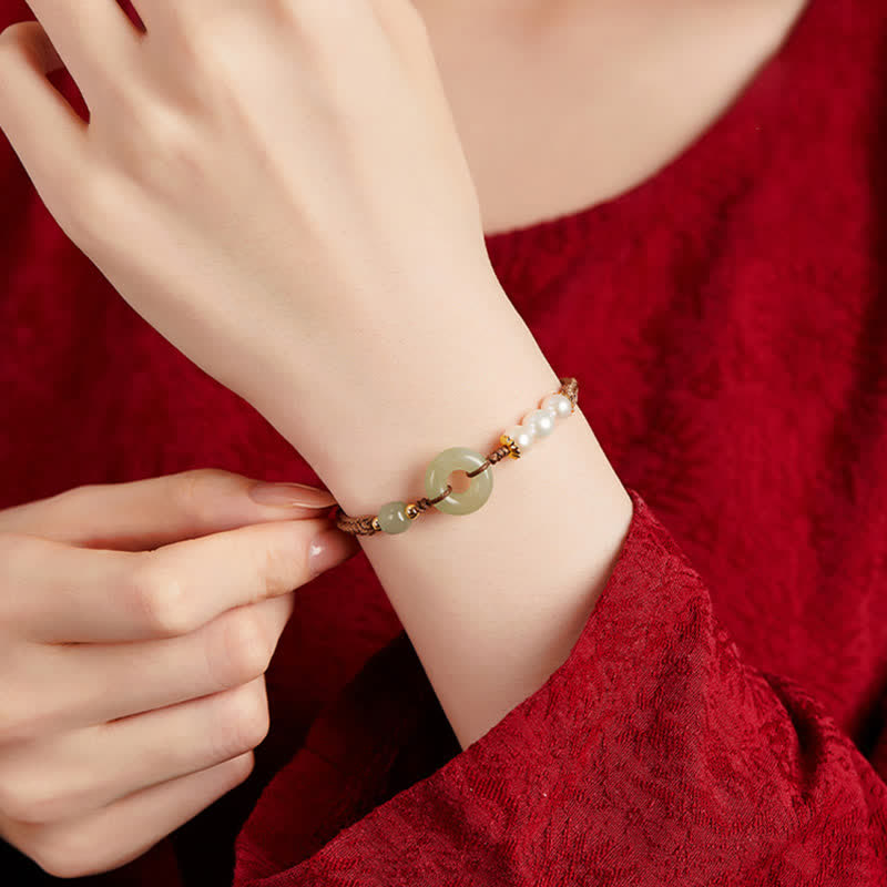 Karma Stone Natural Hetian Jade Pearl Peace Buckle Luck Bracelet