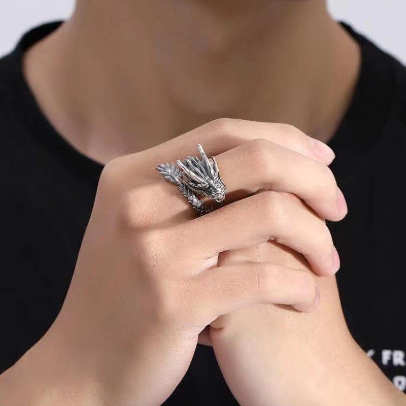 Karma Stone 925 Sterling Silver Vintage Dragon Design Protection Strength Adjustable Ring