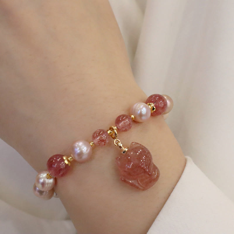 Karma Stone Natural Pearl Strawberry Quartz Cute Fox Love Healing Charm Bracelet
