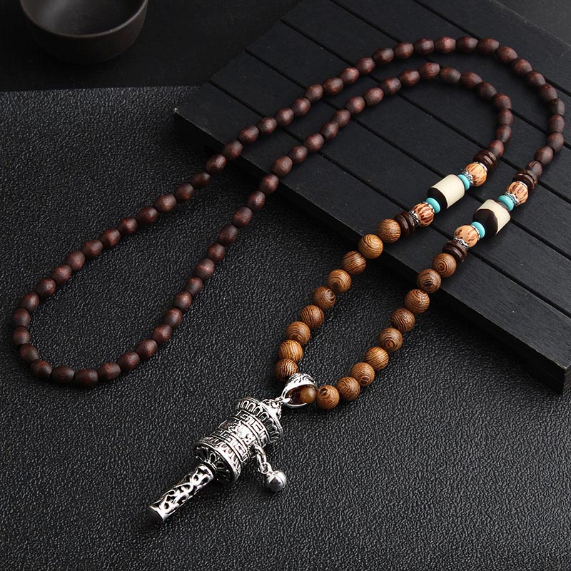 Karma Stone Turquoise Dzi Bead Prayer Wheel Wenge Wood Meditation Necklace