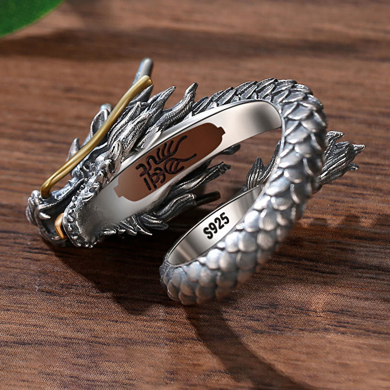 Karma Stone 925 Sterling Silver Vintage Dragon Design Protection Strength Adjustable Ring