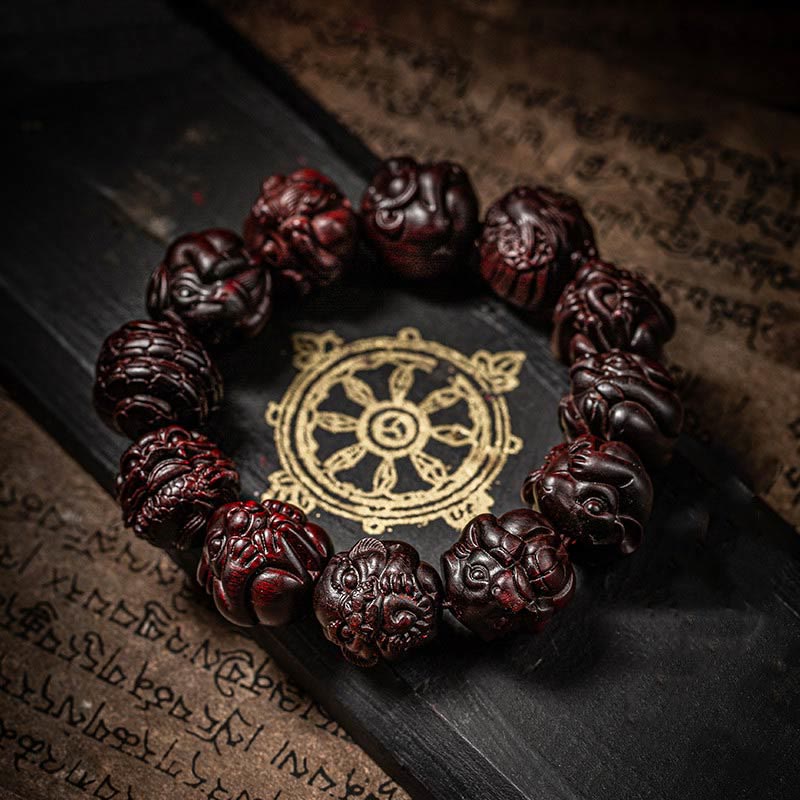 Karma Stone Chinese Zodiac Engraved Small Leaf Red Sandalwood Protection Bracelet
