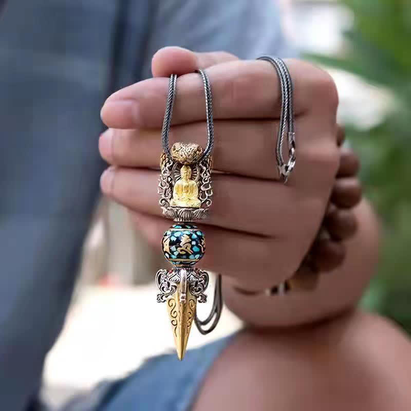 Karma Stone Tibetan Om Mani Padme Hum Buddha Wealth Rotation Necklace Vajra Pendant