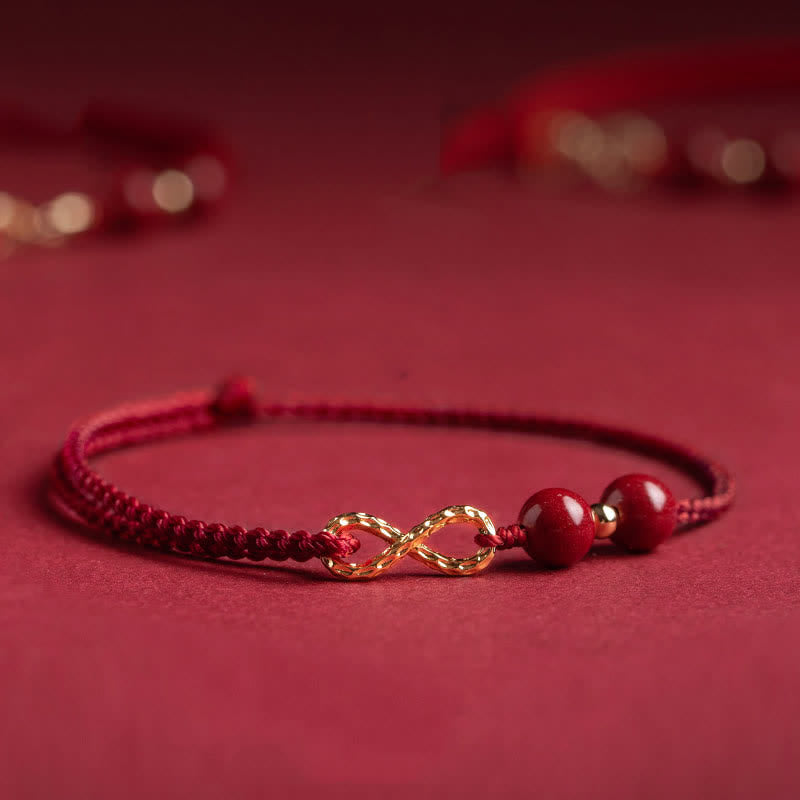 Karma Stone Cinnabar Blessing Red String 14K Gold Infinity Symbol Bracelet Anklet