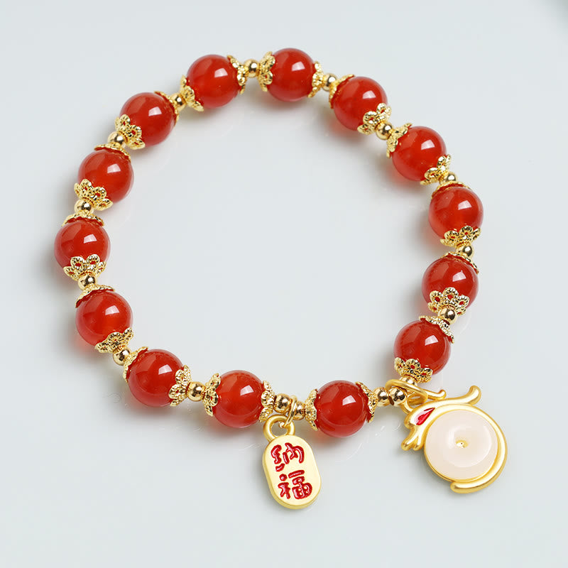 Karma Stone Year of the Dragon Red Agate Green Aventurine Peace Buckle Fu Character Lucky Fortune Bracelet