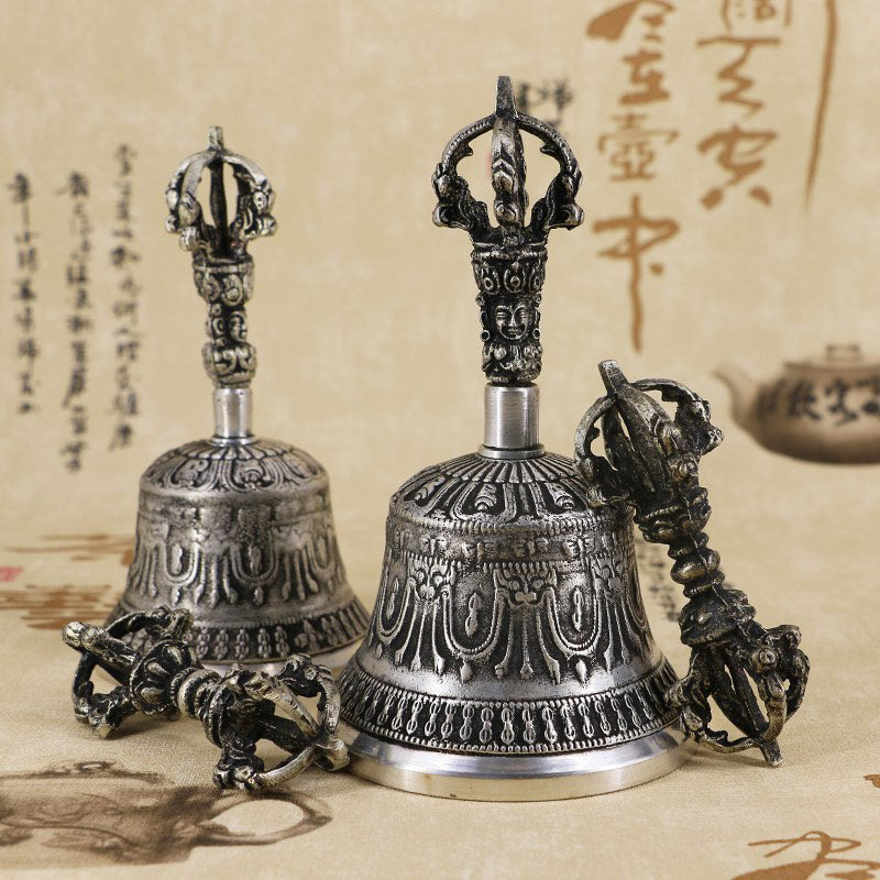 Karma Stone Tibetan Meditation Bell and Vajra Dorje Copper Decoration Set