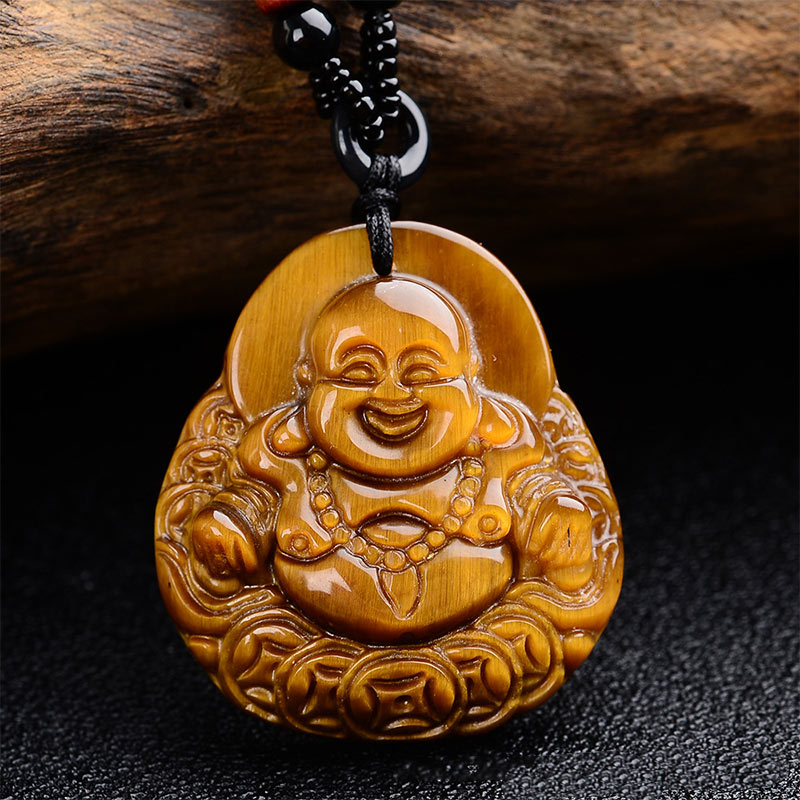 Karma Stone Tiger's Eye Laughing Buddha Blessing Necklace
