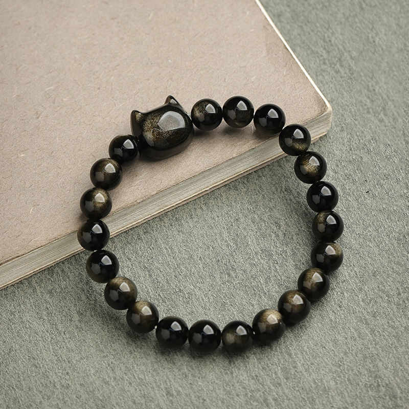 Karma Stone Gold Sheen Obsidian Silver Sheen Obsidian Lovely Paw Lucky Cat Protection Bracelet