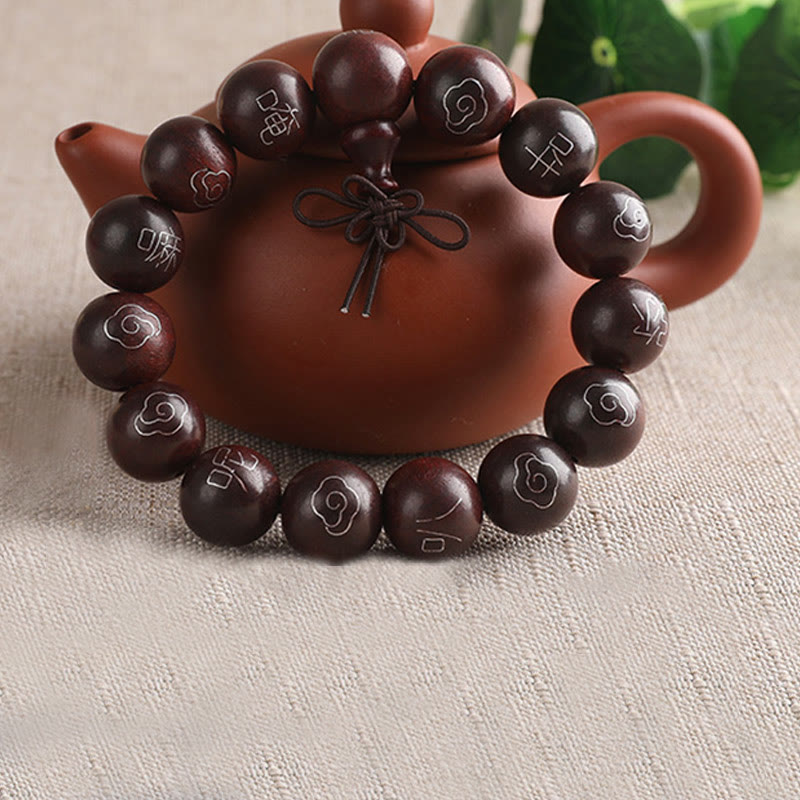 Karma Stone 925 Sterling Silver Inlaid Small Leaf Red Sandalwood Om Mani Padme Hum Character Auspicious Clouds Protection Bracelet