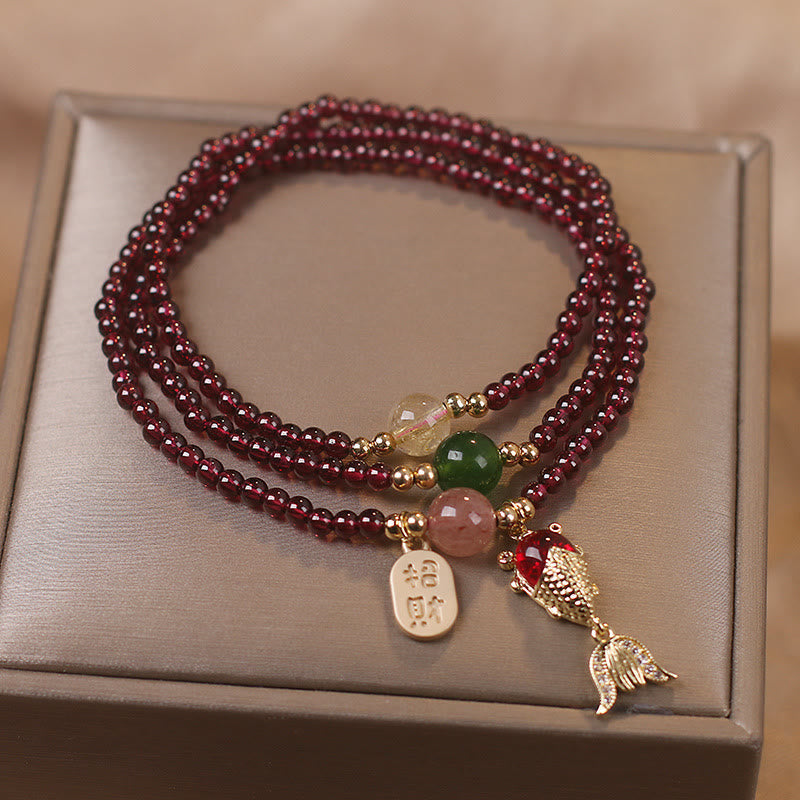 Karma Stone Natural Garnet Strawberry Quartz Crystal Fox Koi Fish Peace Buckle Fortune Protection Triple Wrap Bracelet
