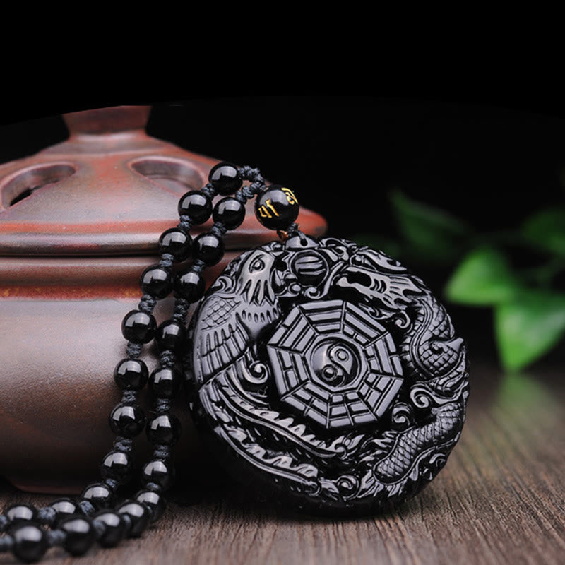 Karma Stone Bagua Dragon Phoenix Obsidian Fulfilment Pendant Necklace