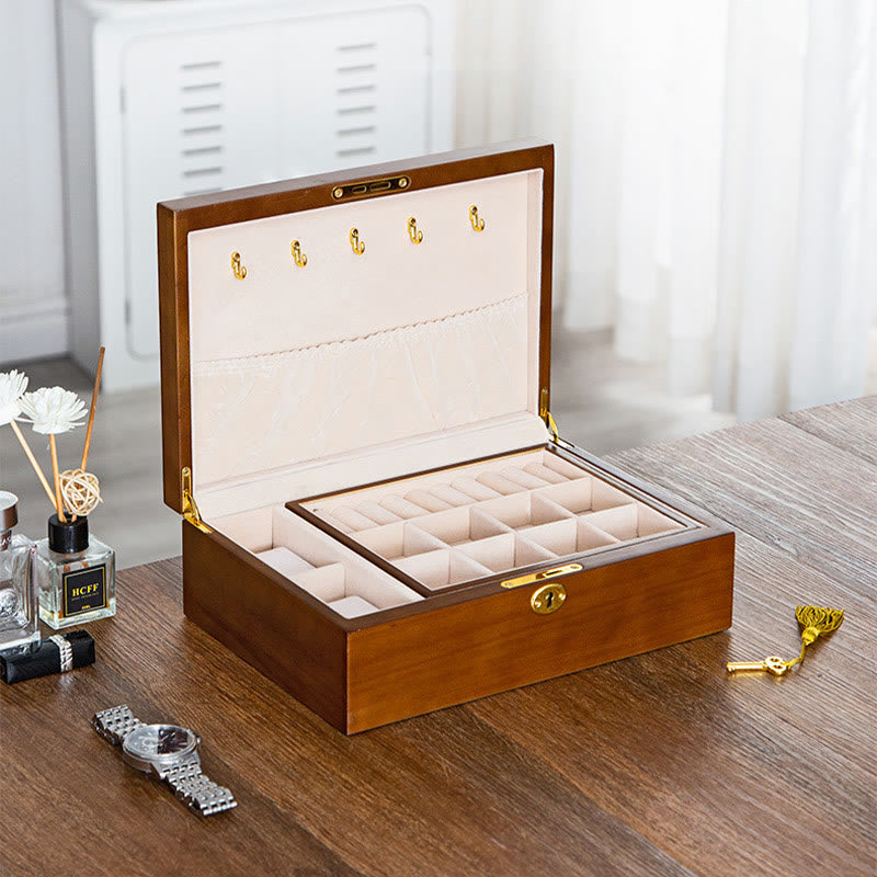 Karma Stone Vintage Wooden Jewelry Box Two-Layer Solid Wood Jewelry Storage Box