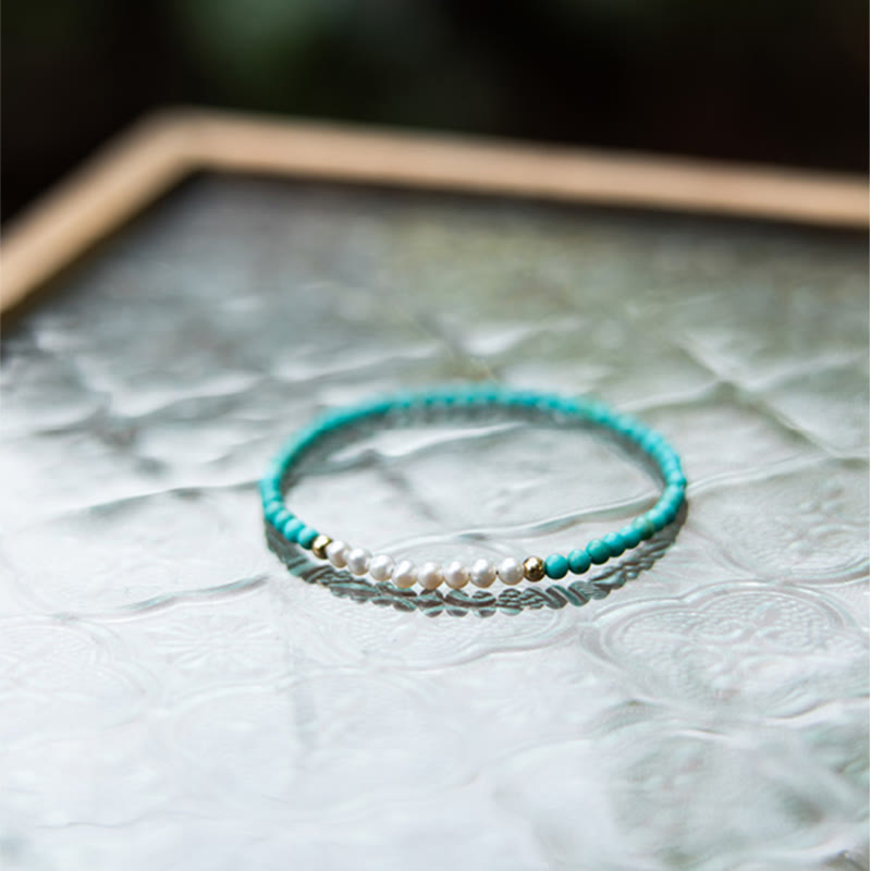 Karma Stone 925 Sterling Silver Natural Turquoise Pearl Beaded Bracelet