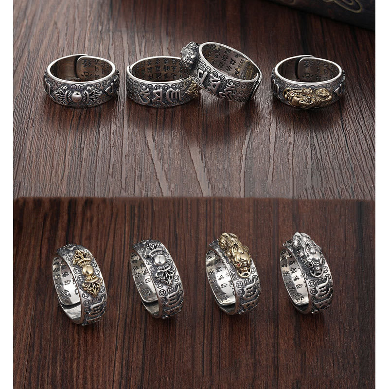 Karma Stone Tibetan 990 Sterling Silver Om Mani Padme Hum PiXiu Dorje Vajra Heart Sutra Engraved Wealth Ring