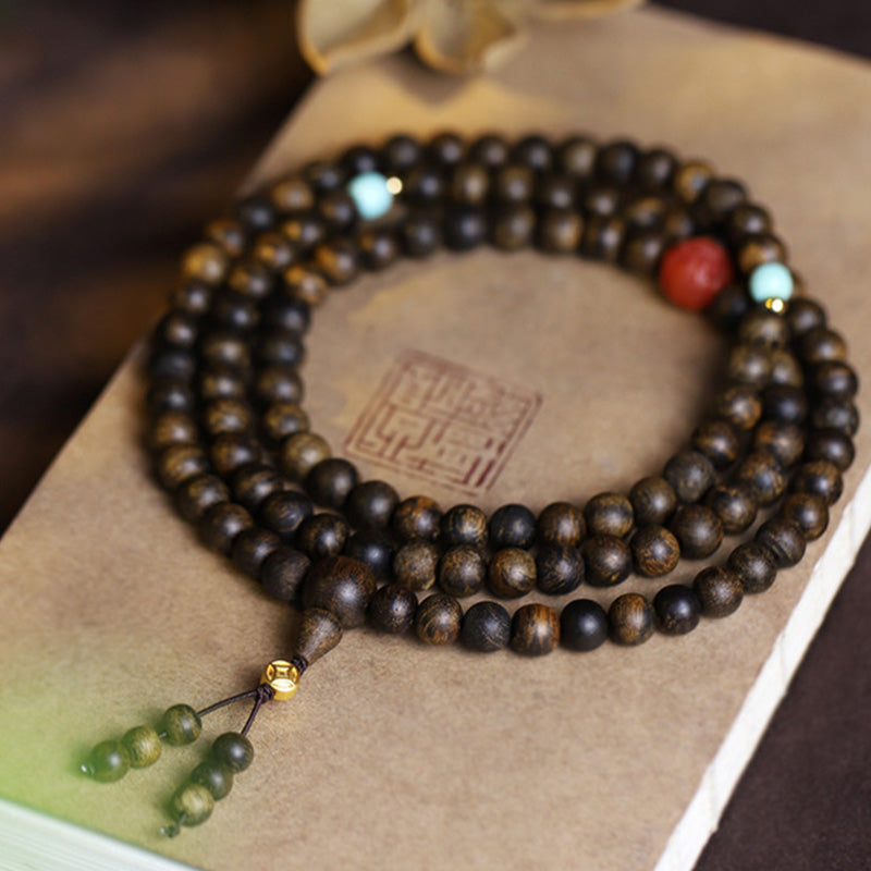 Karma Stone 108 Mala Beads Agarwood Red Agate Turquoise Peace Meditation Bracelet
