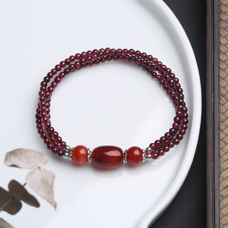 Karma Stone Natural Garnet Red Agate Protection Triple Layer Bracelet
