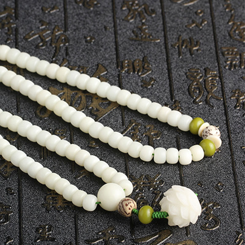 Karma Stone White Jade Bodhi Lotus Mala Harmony Necklace Bracelet