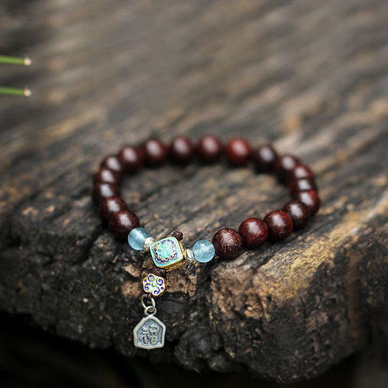 Karma Stone 925 Sterling Silver Indian Small Leaf Red Sandalwood Aquamarine Full of Gold Star Chinese Knotting Blessing Bracelet
