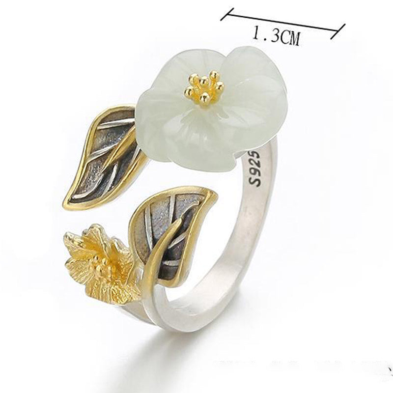Karma Stone 925 Silver Plated Copper White Jade Plum Flower Leaf Luck Ring