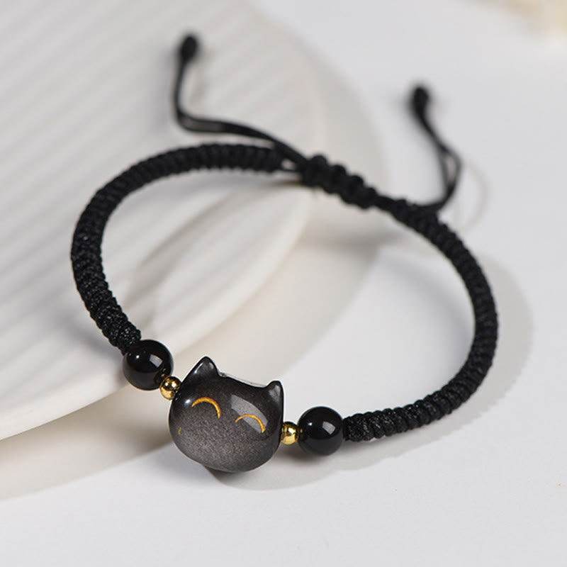 Karma Stone Handmade Natural Silver Sheen Obsidian Strawberry Quartz Cute Cat Protection Braided Bracelet