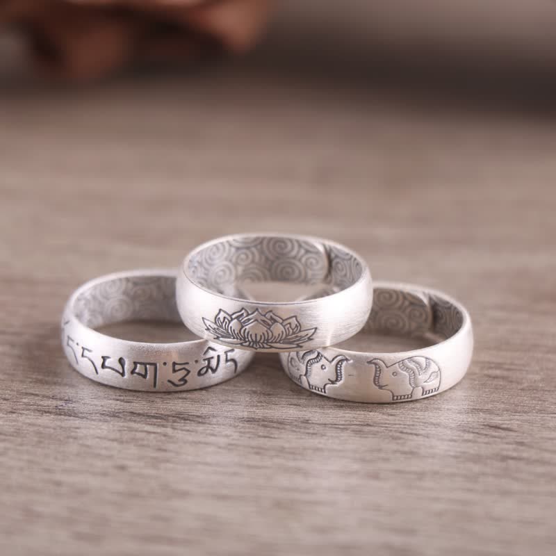 Karma Stone 999 Sterling Silver Lotus Elephant Six True Words Blessing Ring