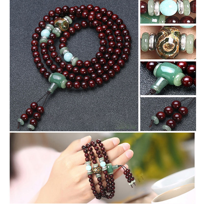 Karma Stone 108 Beads Small Leaf Red Sandalwood Green Aventurine Amazonite Luck Healing Bracelet Mala