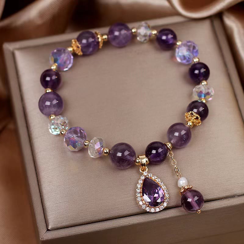 Karma Stone Natural Amethyst Zircon Love Heart Healing Soul Charm Bracelet