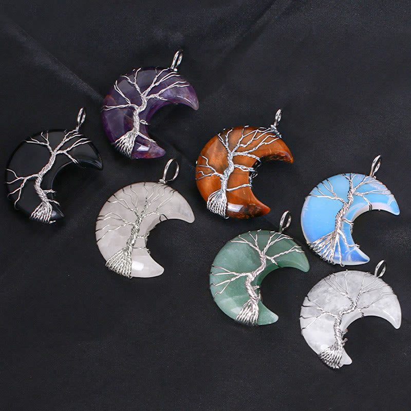 Karma Stone Natural Quartz Crystal Moon Tree Of Life Healing Energy Necklace Pendant