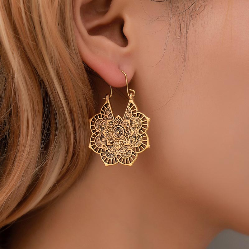 Karma Stone Tibetan Lotus Engraving Copper Blessing Drop Earrings