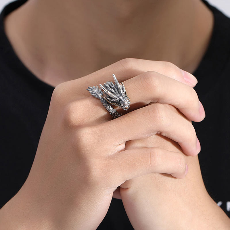Karma Stone 925 Sterling Silver Vintage Dragon Design Protection Strength Adjustable Ring