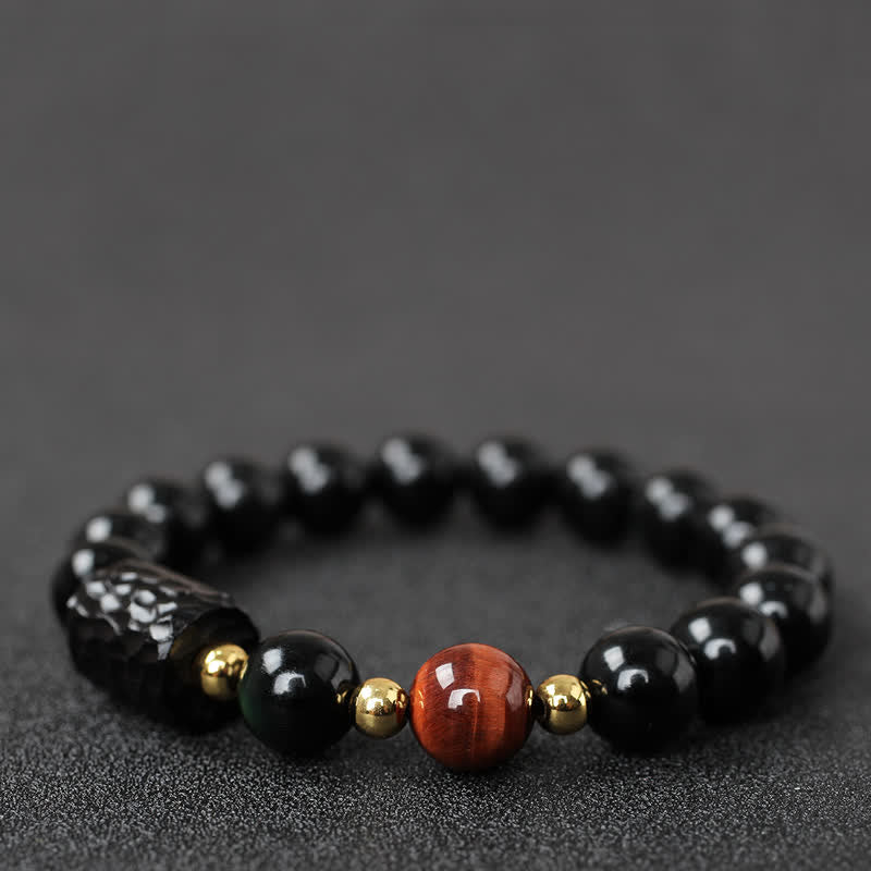 Karma Stone Black Obsidian Ebony Wood Red Tiger Eye Strength Couple Bracelet