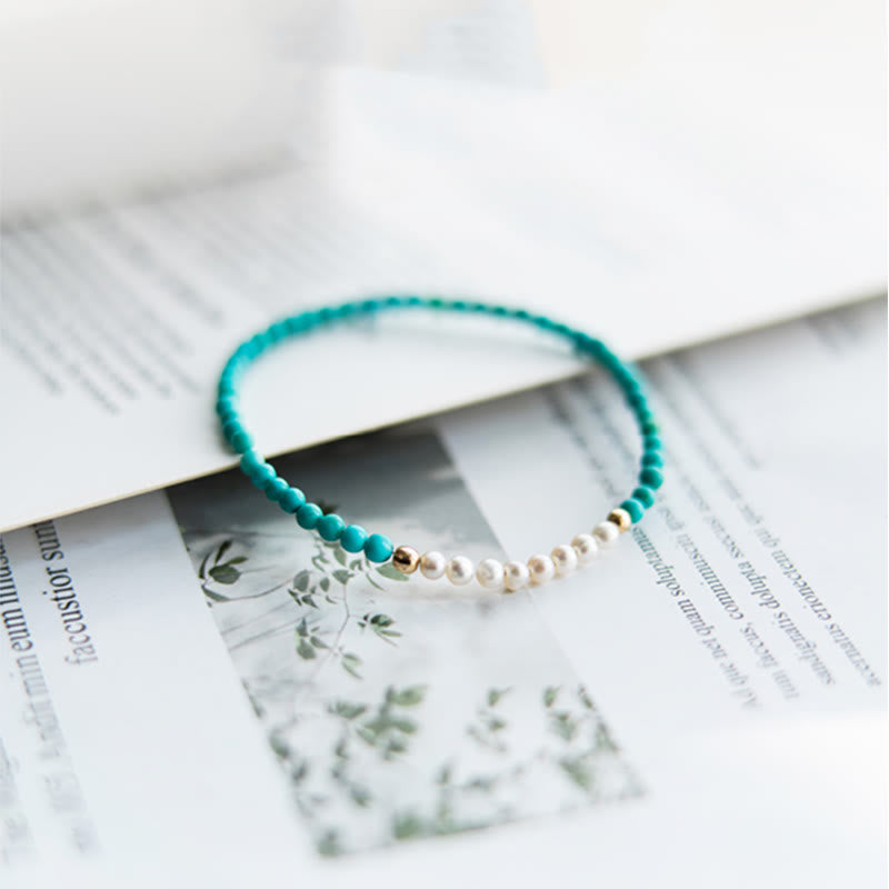 Karma Stone 925 Sterling Silver Natural Turquoise Pearl Beaded Bracelet