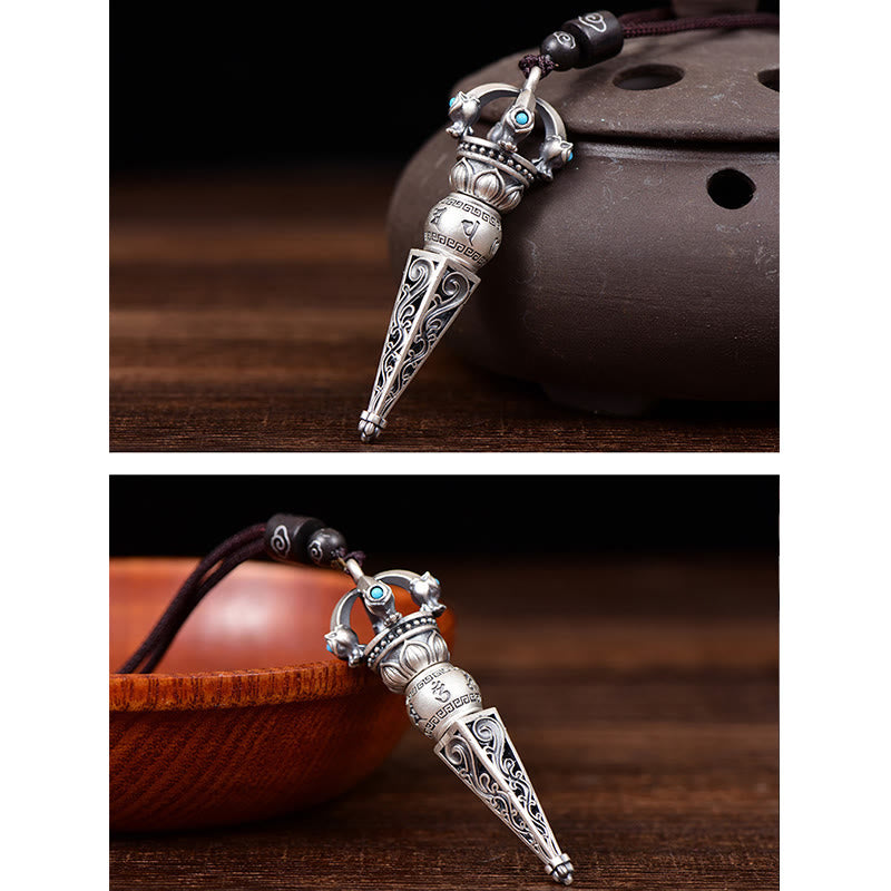 Karma Stone Tibetan Om Mani Padme Hum Dorje Vajra Design Wisdom Rotatable Necklace Pendant