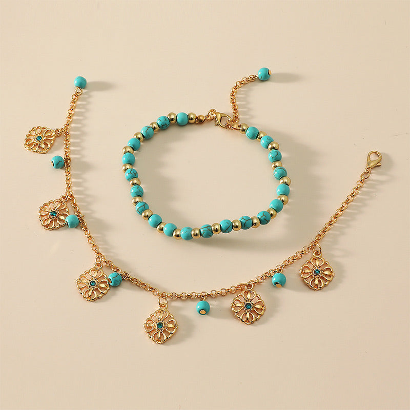 Karma Stone 2Pcs Turquoise Stone Flower Protection Bracelet Anklet